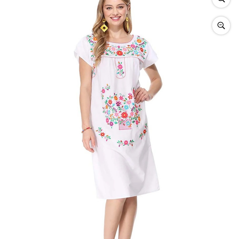 Unik White Midi Dress with Bright Floral Embroidery